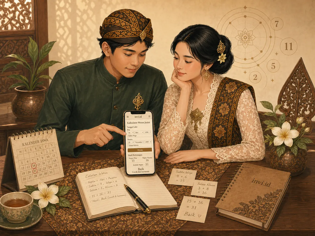 Ilustrasi menghitung weton jodoh pasangan dengan kalender dan ponsel
