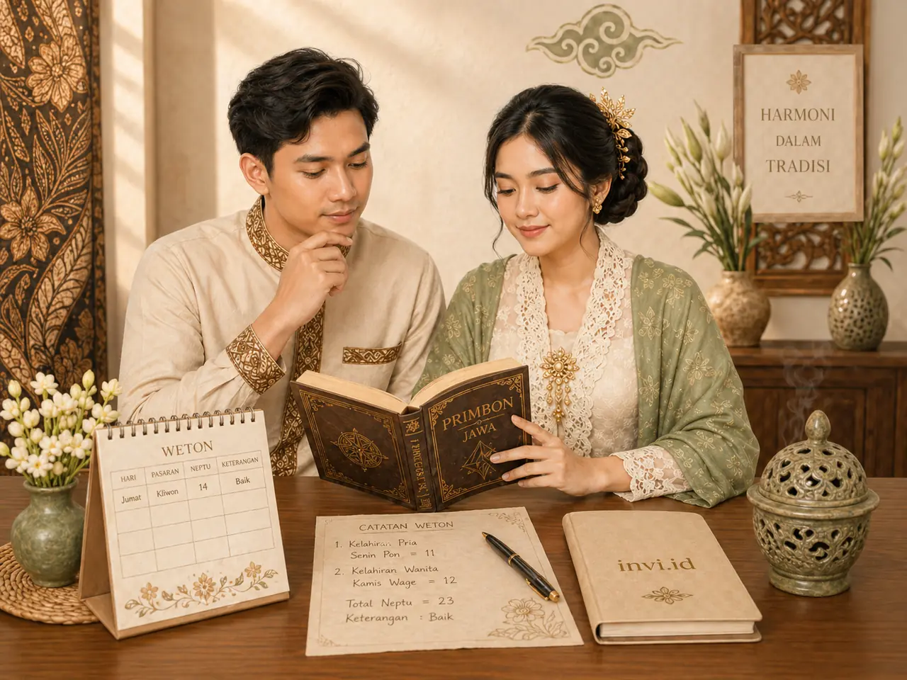 Pasangan membaca primbon dan catatan weton jodoh sebelum menikah