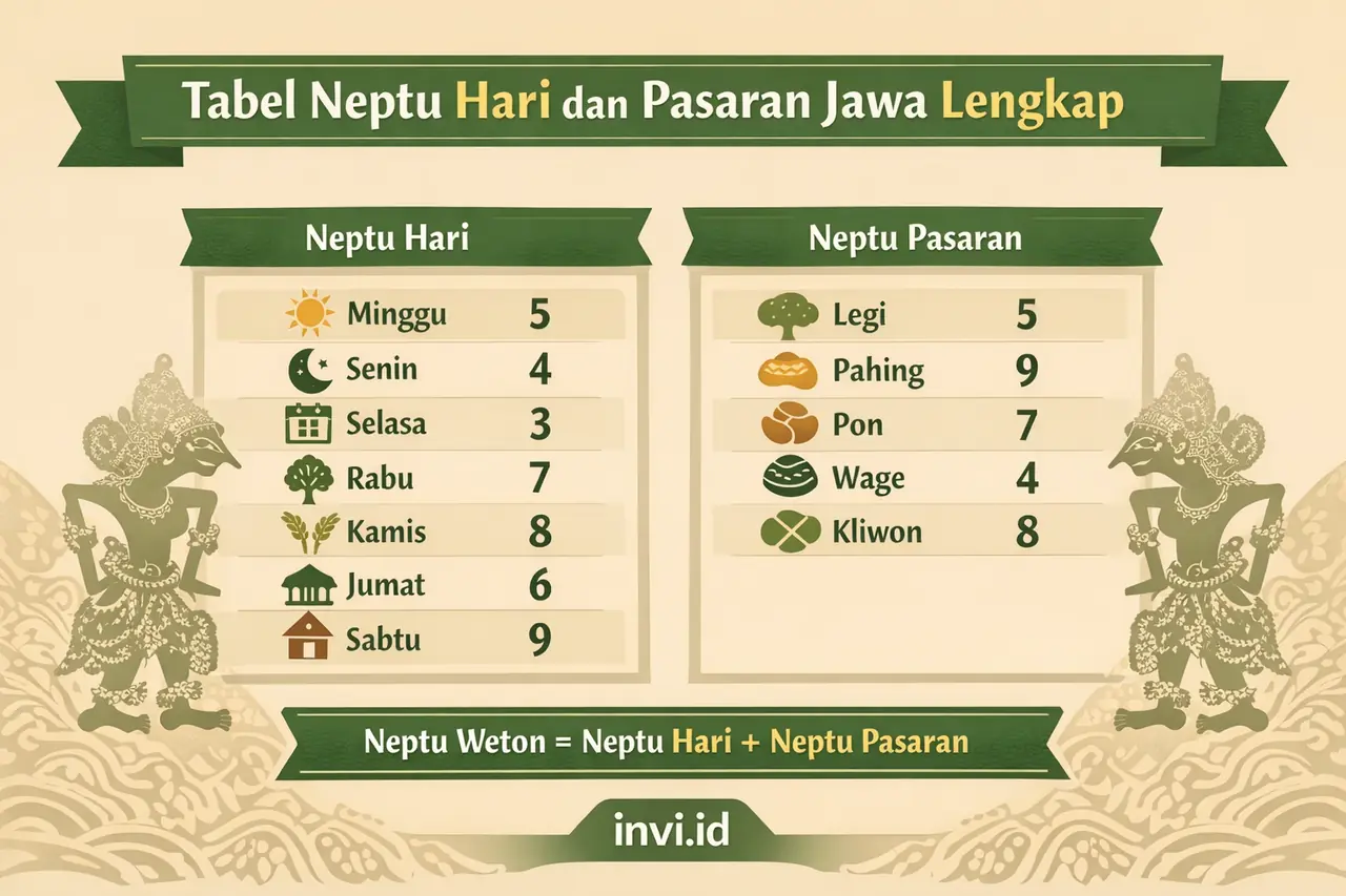 Tabel Neptu Hari dan Pasaran Jawa untuk Hitung Weton
