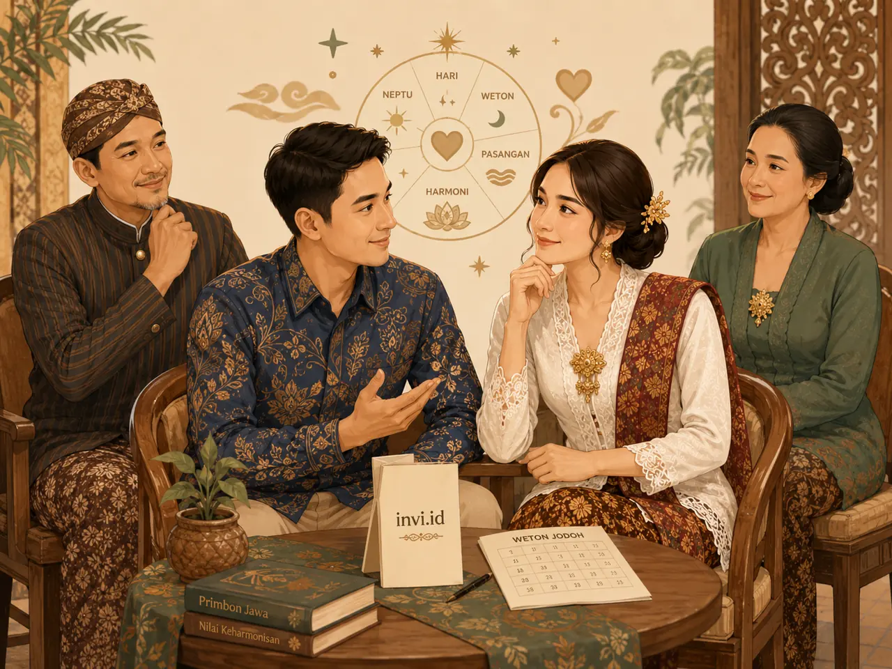 Ilustrasi pasangan beda suku berdiskusi tentang weton jodoh